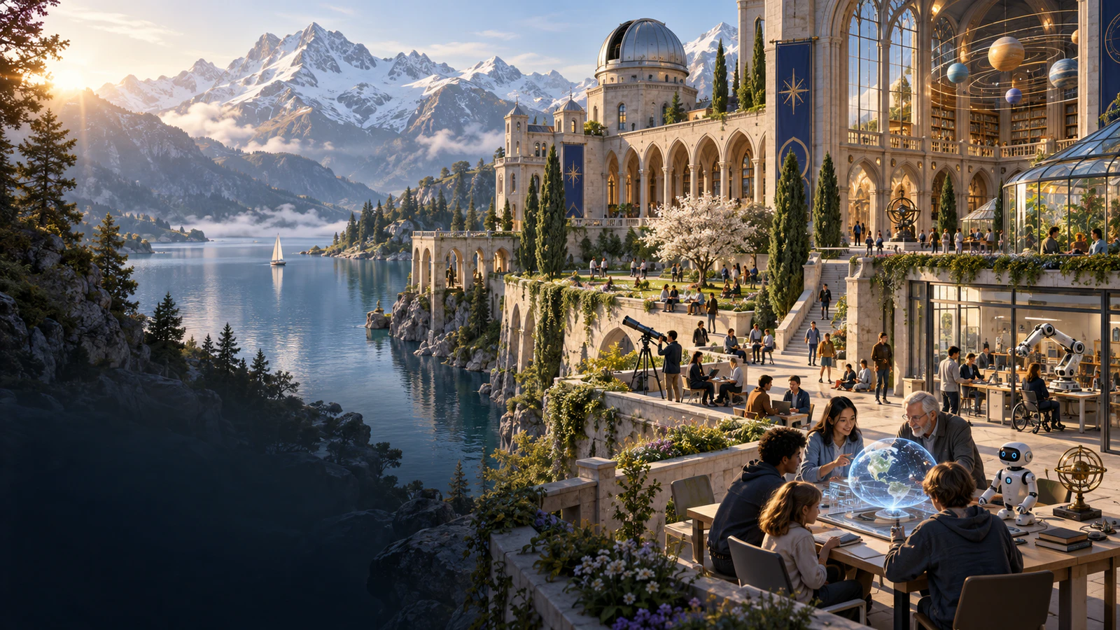 A lakeside academy of libraries, observatories, studios, and learning gardens