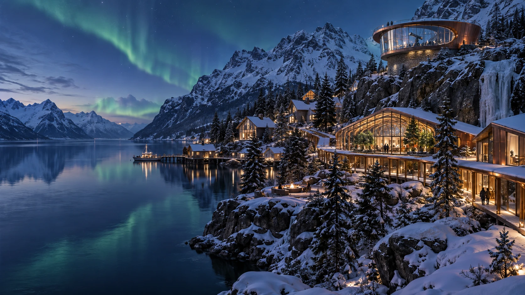 Warm timber homes and a sky observatory above an Alaskan fjord beneath the northern lights