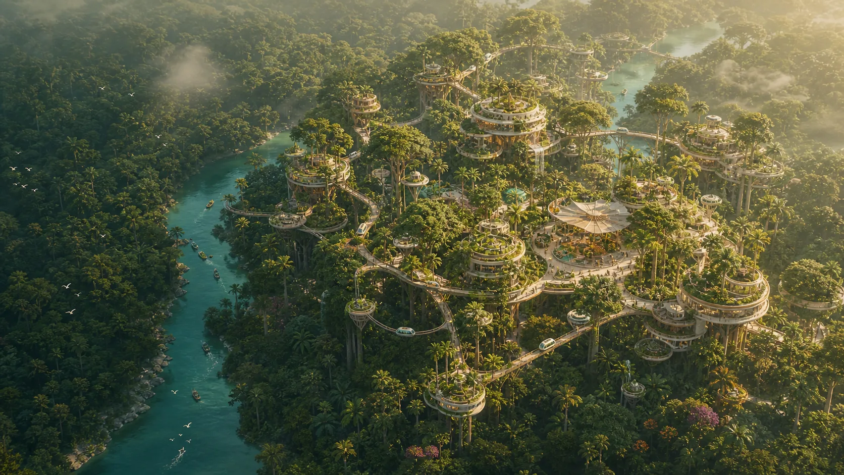 An elevated community woven through a restored Amazon rainforest