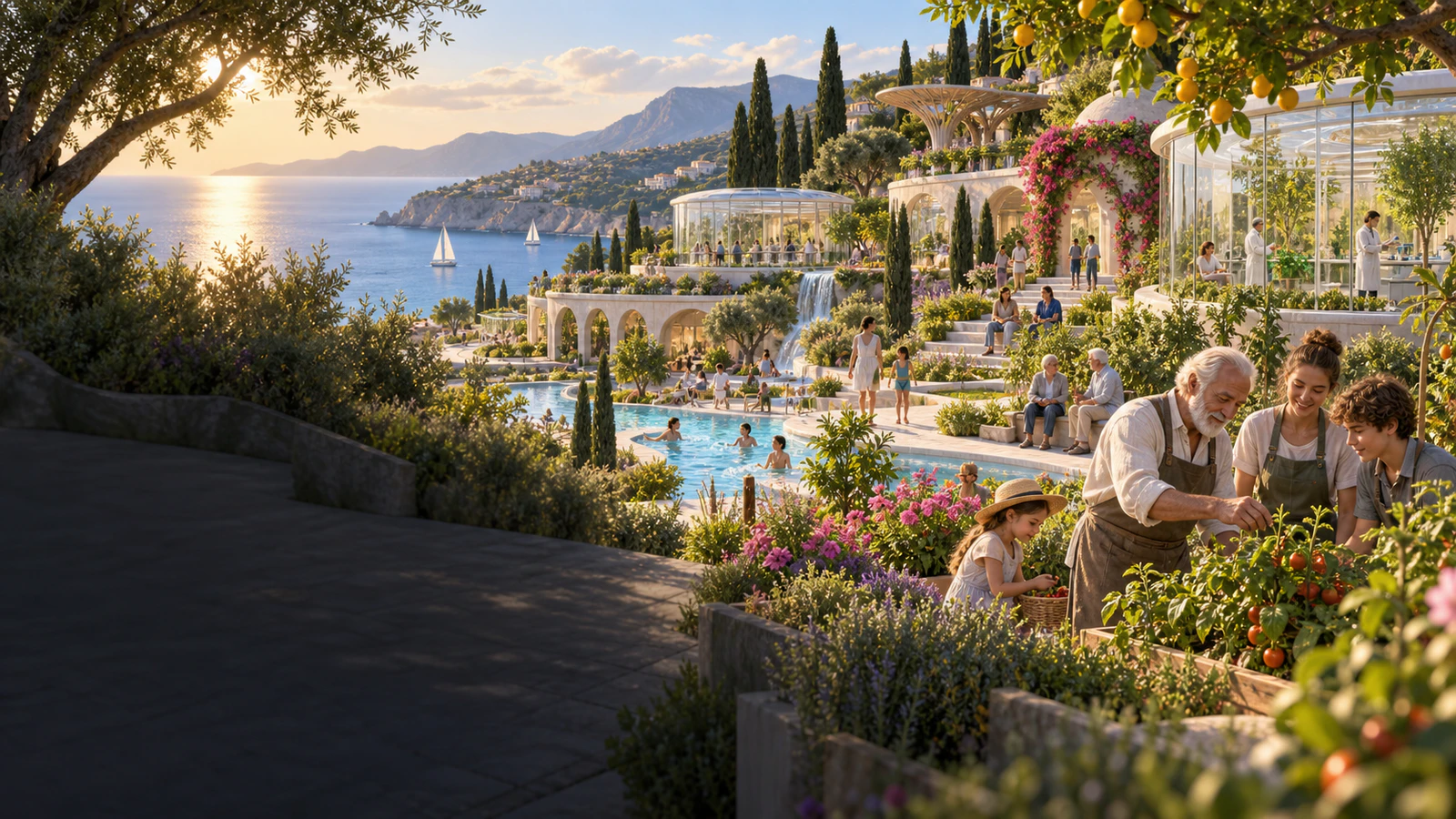 A Mediterranean longevity arcology of botanical gardens, homes, pools, and research pavilions