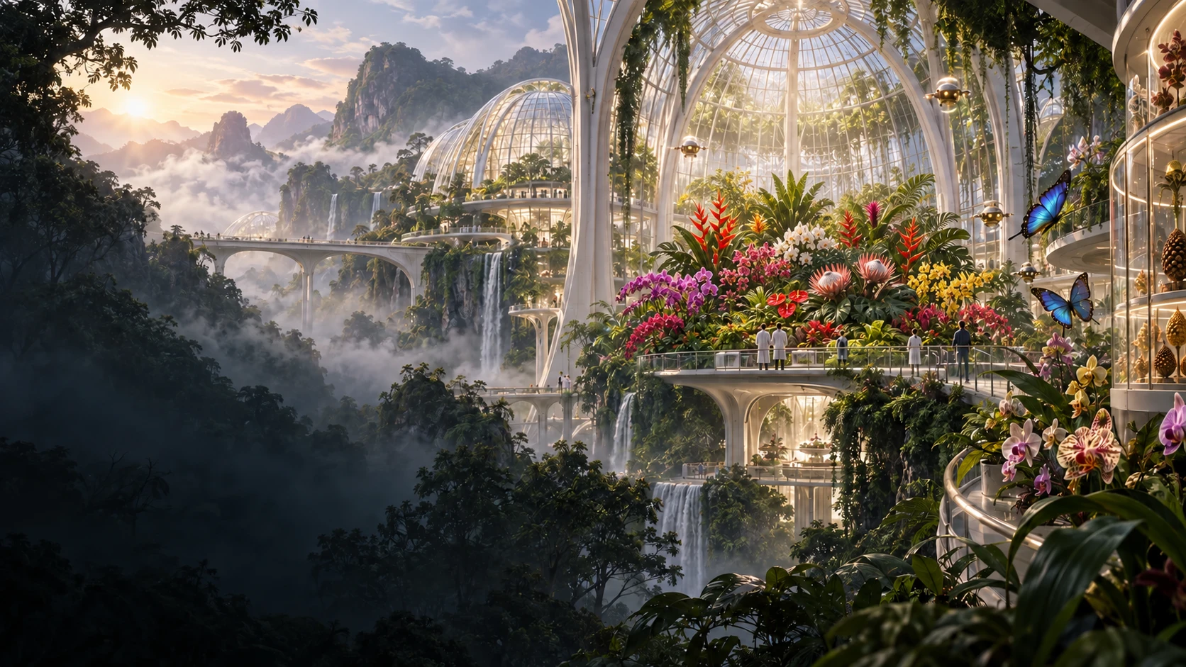 A monumental conservatory protecting vibrant clusters of exotic flowers and their cloud-forest ecosystems