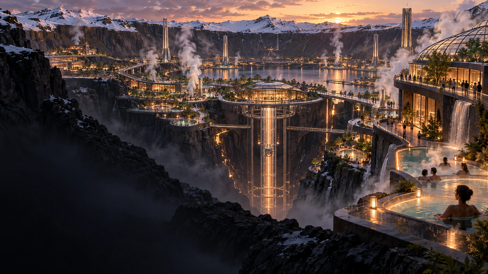 A deep-Earth energy arcology of basalt terraces, geothermal towers, and warm gardens