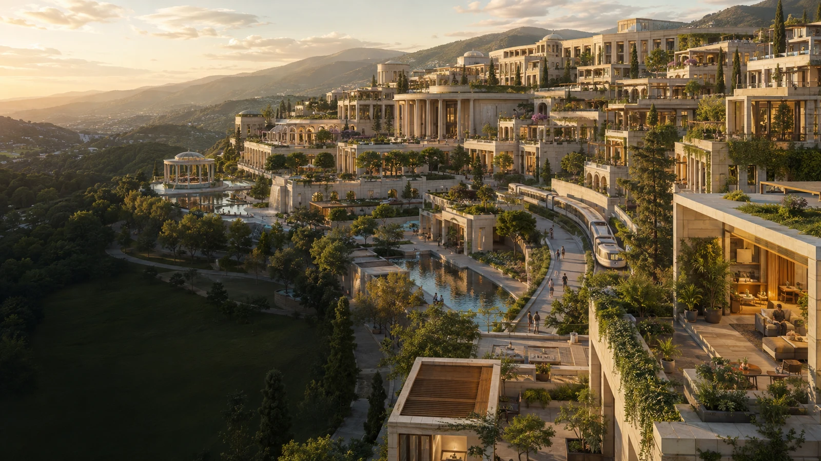 Vitruvia, a peaceful residential arcology of terraced homes, gardens, and reflecting pools